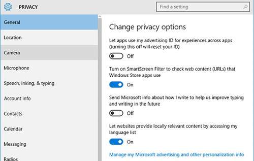 Tắt tính năng khai thác thông tin riêng tư trên Windows 10 2