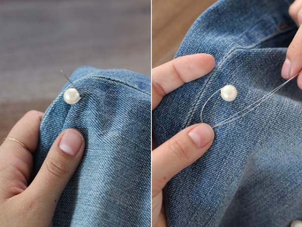 Cách làm mới quần jean cũ bằng đính ngọc trai sang chảnh 5