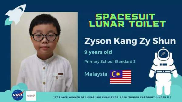 Cậu bé 9 tuổi người Malaysia chiến thắng cuộc thi thiết kế toilet trên Mặt trăng của NASA 1