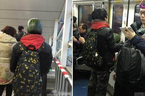 Thanh niên chơi trội đội mũ dưa hấu đi tàu điện ngầm 12