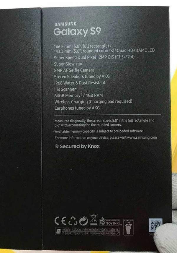 Vỏ hộp tiết lộ gần hết cấu hình Samsung Galaxy S9 2
