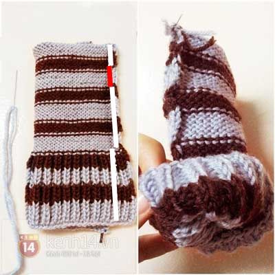 Học cách đan găng tay len hở ngón hai màu cực đẹp 8
