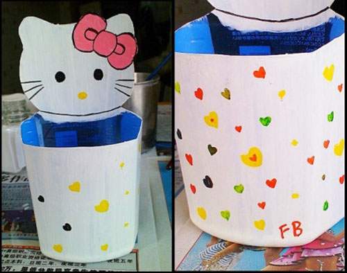 Tái chế vỏ chai nhựa để học cách làm hộp bút Hello Kitty đáng yêu 4