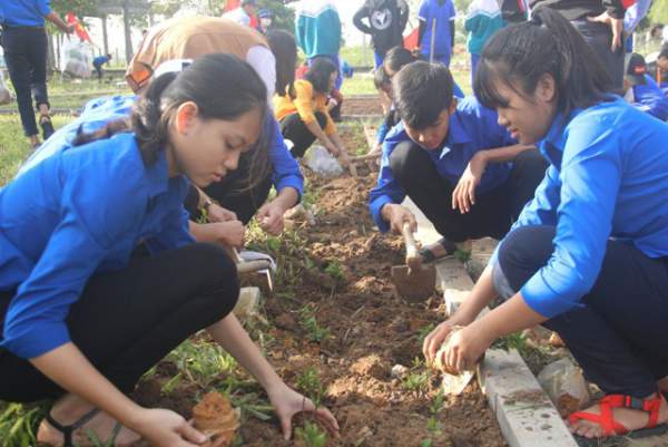 Học sinh ươm cây xanh trồng ở nghĩa trang, di tích lịch sử 7